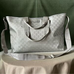 Gucci Silver Canavs Gg Monogram Crossbody Tote Large
